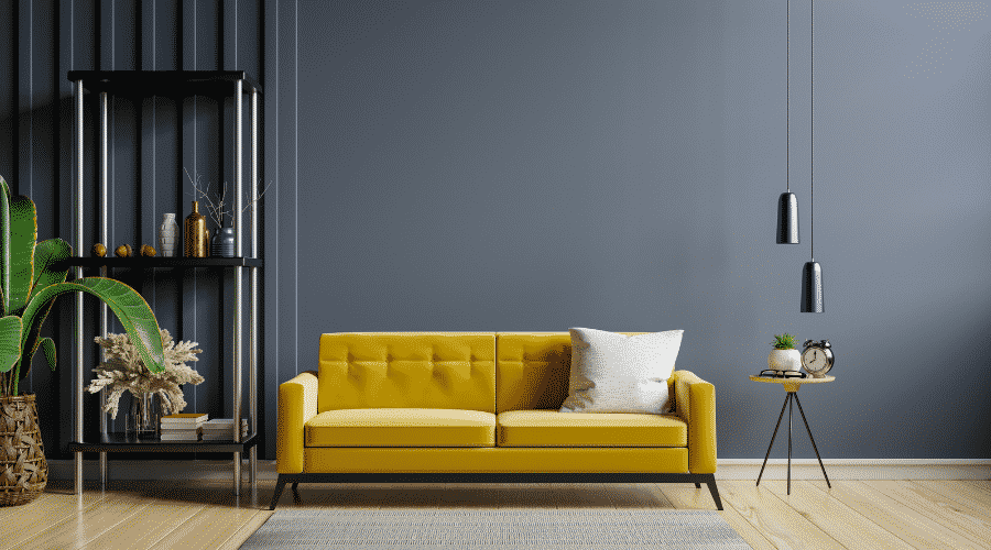 decoração de sala com sofá amarelo