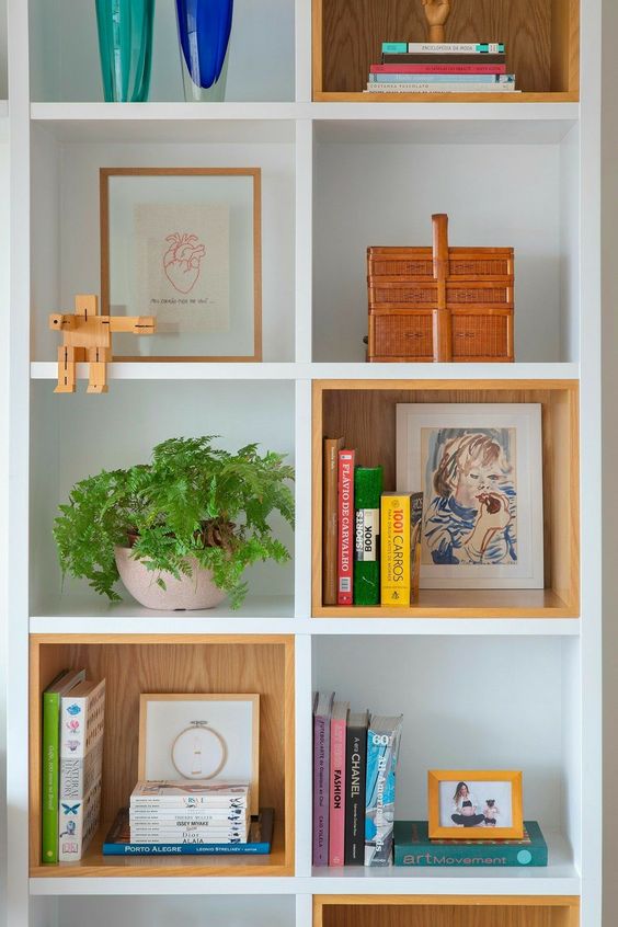 nichos com livros e itens decorativos