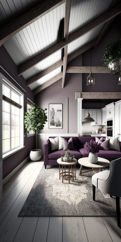 sala de estar com sofa roxo