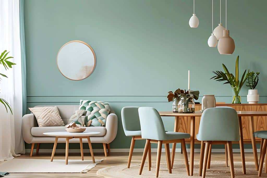 Sala de estar pequena com mesa de jantar